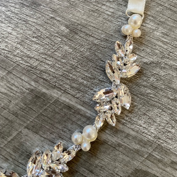 Wedding Dress Sash Rhinestone Pearl Belt Waist Tie White Crystal Cream Bride Lux main image 2